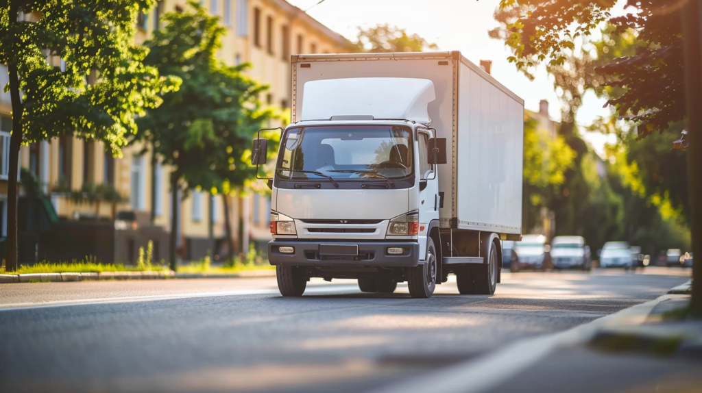 A moving truck on a city street.