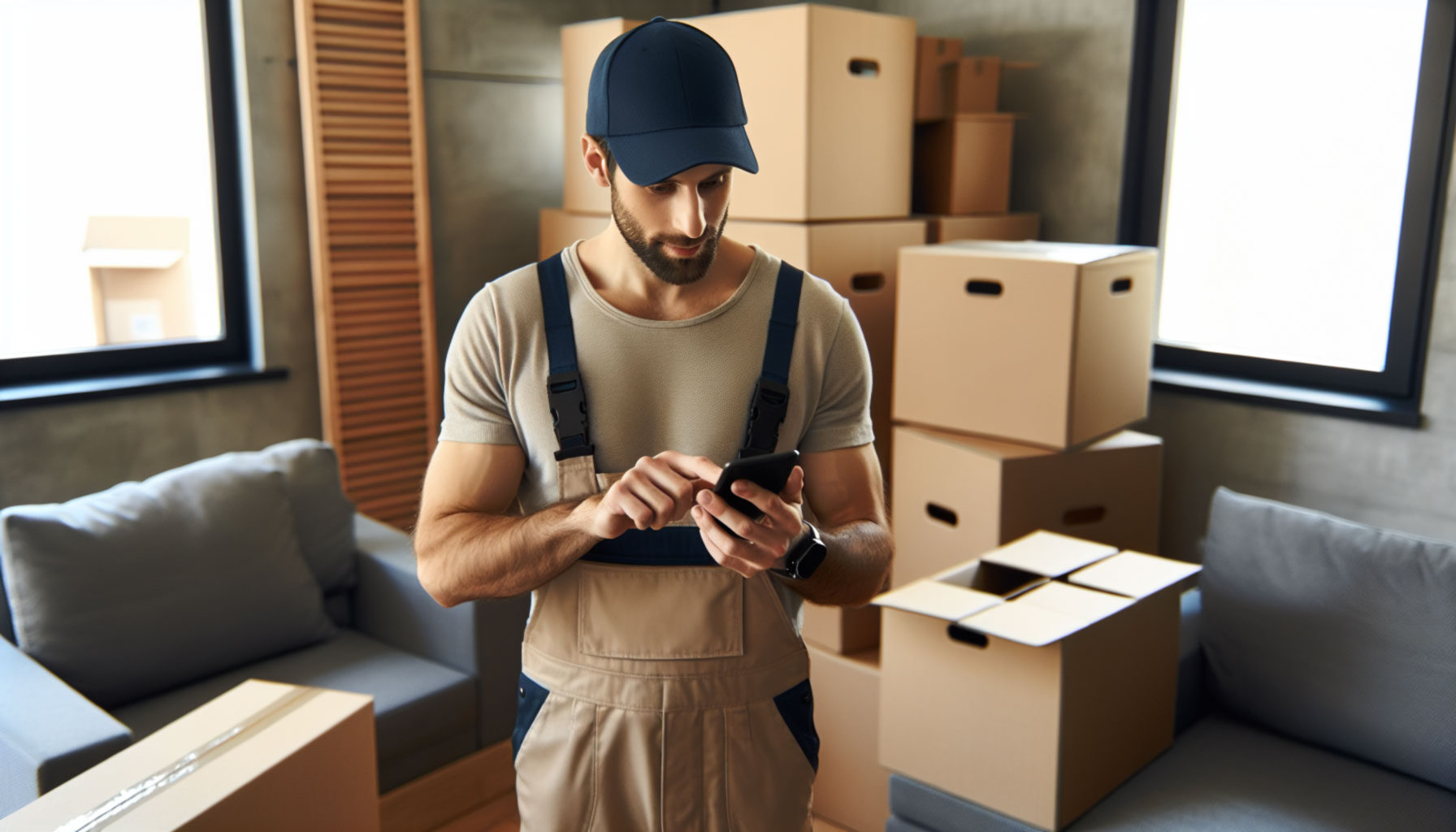 A moving owner checking his email on a smartphone while on a moving job.