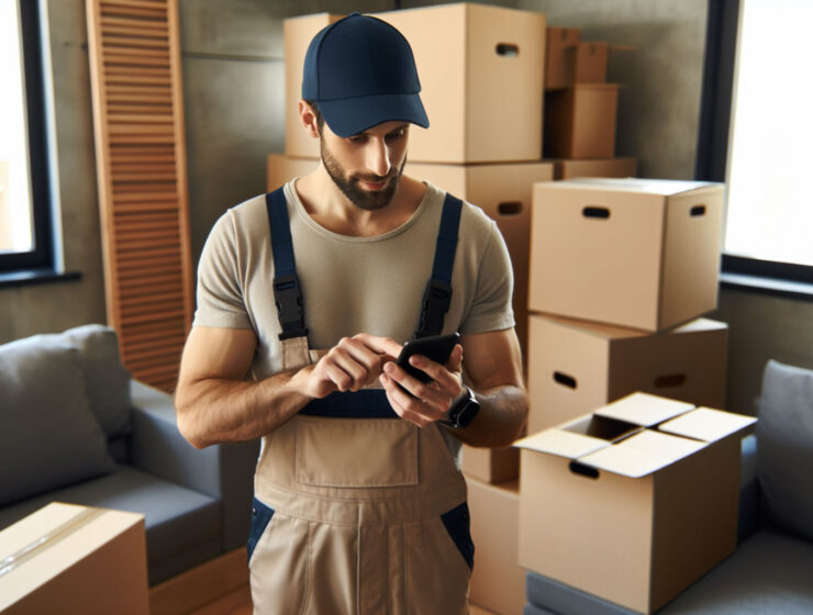 A moving owner checking his email on a smartphone while on a moving job.