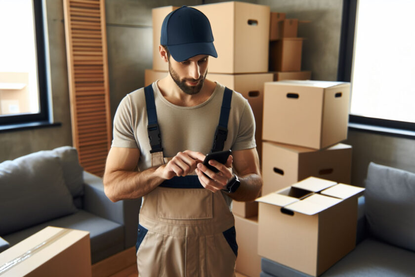 A moving owner checking his email on a smartphone while on a moving job.