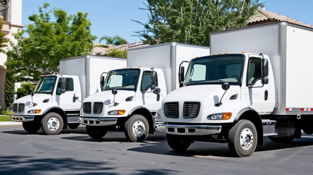 Moving company trucks parked in a row.