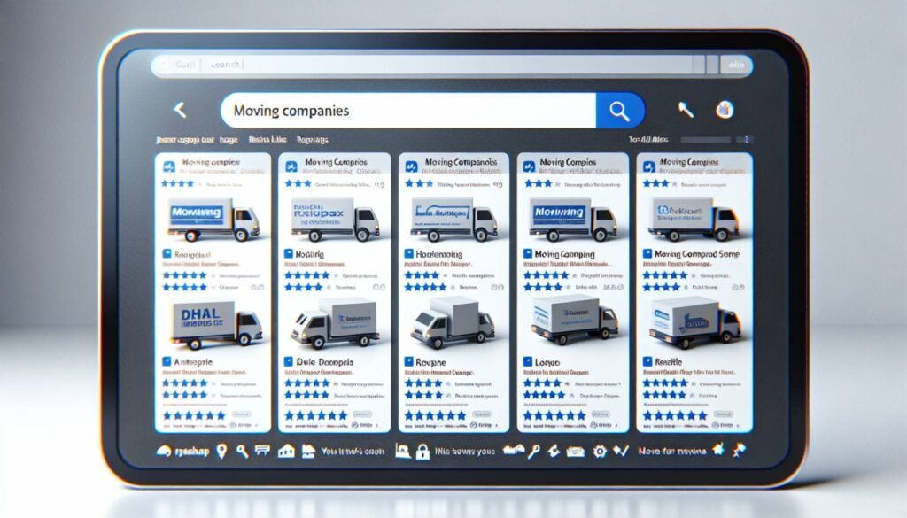 Online ads for moving companies displayed on a tablet screen